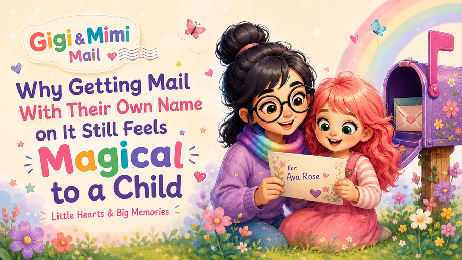 Gigi and Mimi sharing a personalized envelope beside a colorful mailbox for the Little Hearts & Big Memories blog