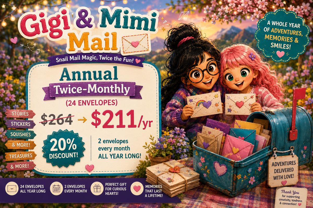 Promotional graphic for Gigi & Mimi Mail Annual package, featuring illustrated characters Gigi and Mimi holding cards next to a teal mailbox filled with envelopes, with text highlighting 24 monthly envelopes, $264->$211/yr, stickers, squishies, treats, and memories.