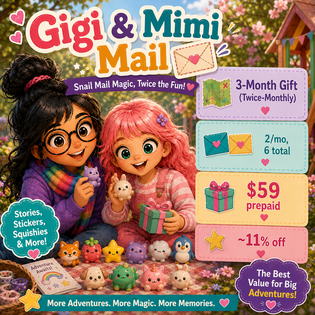 Promotional graphic for Gigi & Mimi Mail, showing two cartoon girls sitting outdoors with small plush toys and a gift box. Large text advertises a 3-month gift package of $59 prepaid, with icons detailing the months, total count, price, and discount.
