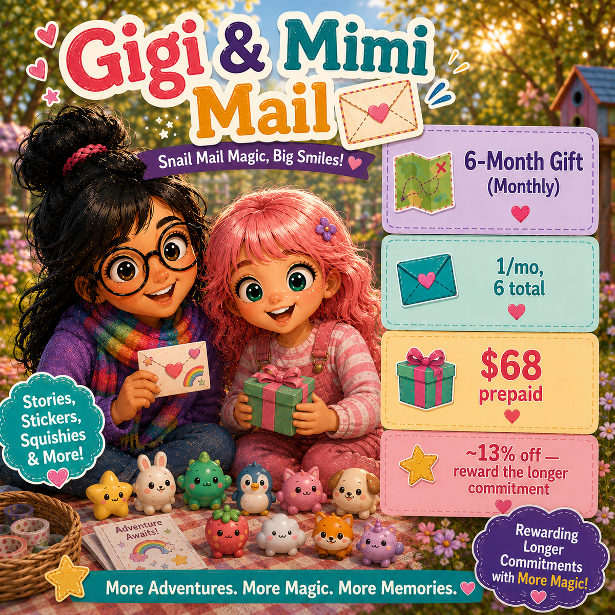 Promotional graphic for Gigi & Mimi Mail, showing two children sitting together with a gift box and small plush characters, surrounded by colorful text callouts about a 6-month gift, 1/mo 6 total, $68 prepaid, and ~13% off. The scene is bright and festive with sparkles and a warm background.