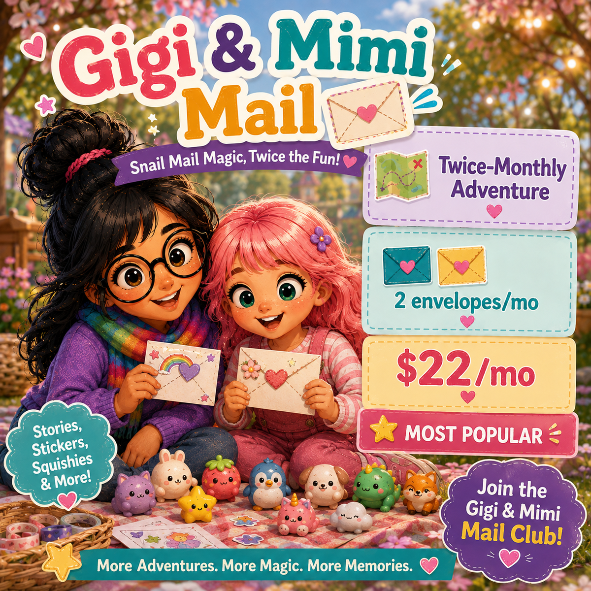 Promotional graphic for Gigi & Mimi Mail, showing two illustrated girls sitting outdoors with envelopes and small character figures. Large text advertises a twice-monthly adventure, 2 envelopes/month, $22/month, and encourages joining the Gigi & Mimi Mail Club.