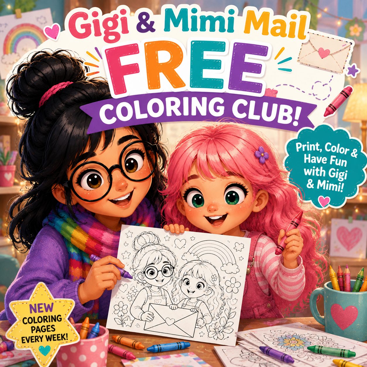 Gigi and Mimi coloring together. Free Coloring Club.