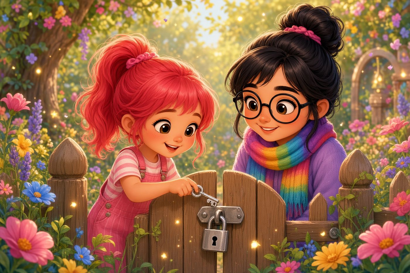 Mimi unlocking a tiny garden gate