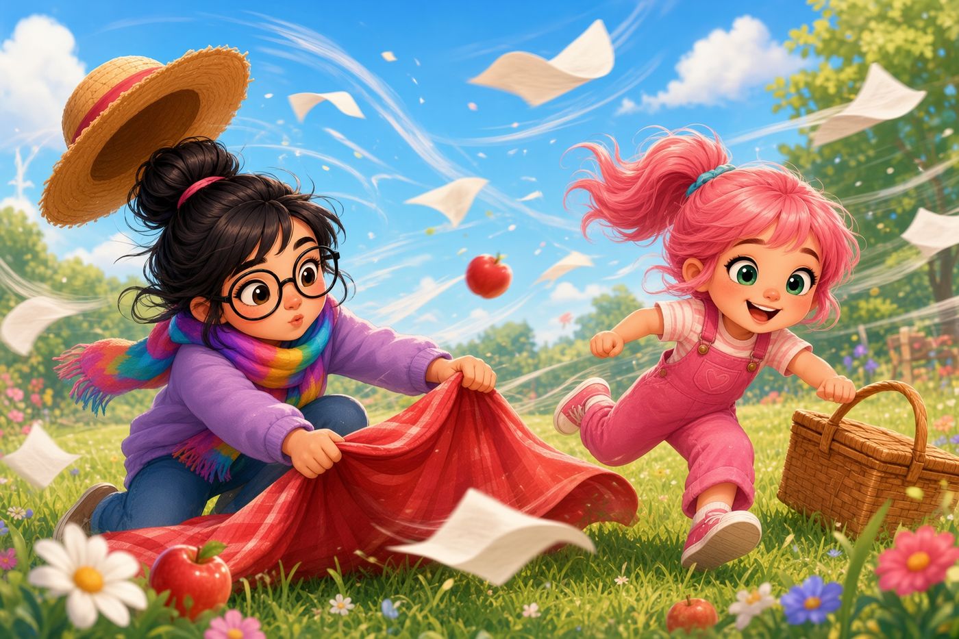 The wind whooshes the picnic
