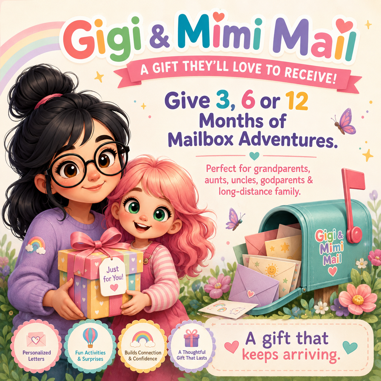 Give 3, 6 or 12 months of Gigi and Mimi Mail mailbox adventures.