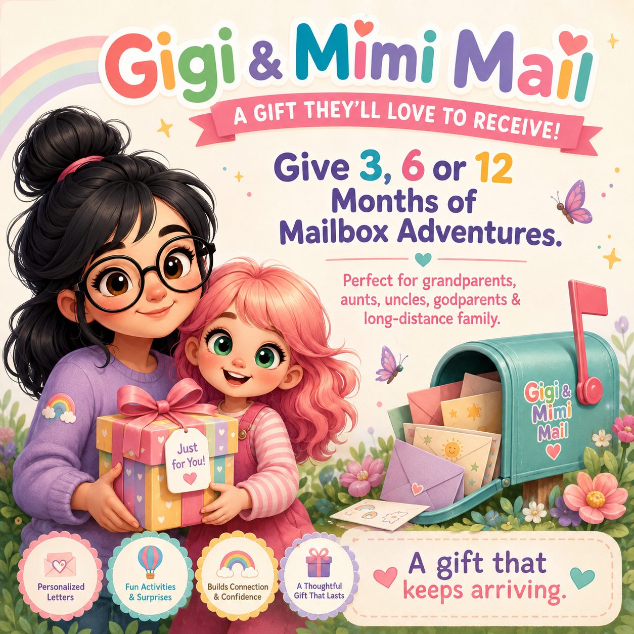 Gigi and Mimi at the red mailbox with a gift box of adventure envelopes