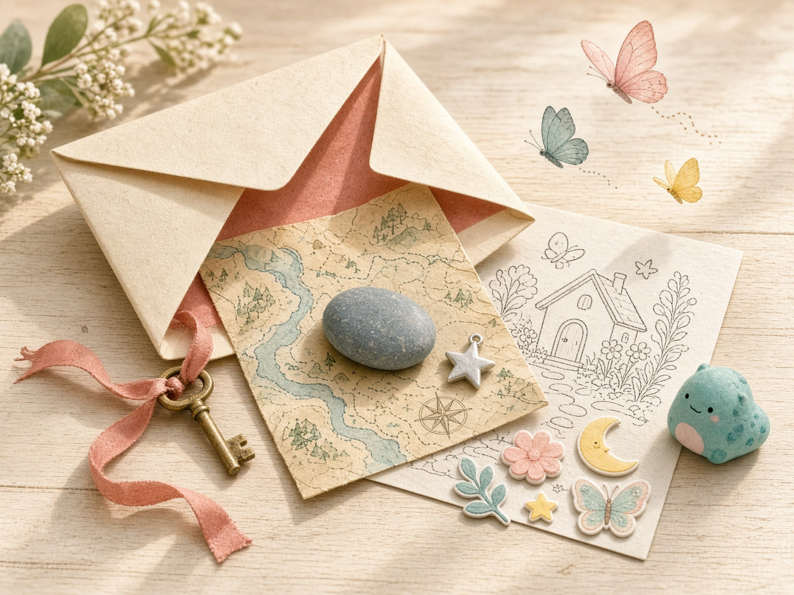 Tiny brass key, secret map, wishing stone and star charm